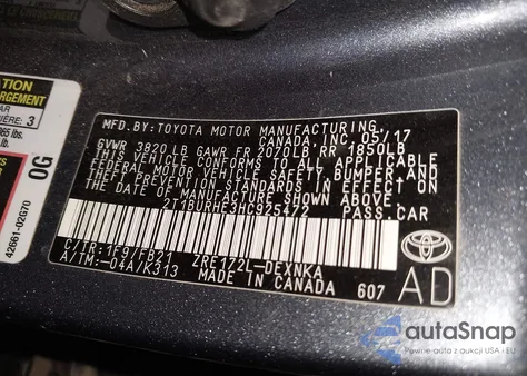 2017 Toyota Corolla Le z USA, uszkodzony, nr VIN 2T1BURHE3HC925472